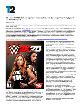 WWE® 2K20 and Experience Franchise Firsts with Cover Superstars Becky Lynch® and Roman Reigns™