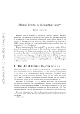 Etienne Bézout on Elimination Theory Arxiv:1606.03711V2 [Math.HO] 15