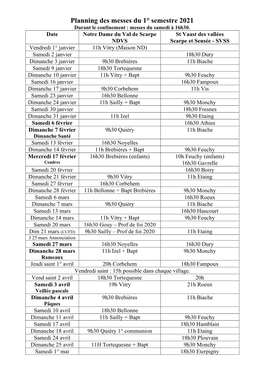 Planning Des Messes Du 1° Semestre 2021 Durant Le Confinement : Messes Du Samedi À 16H30