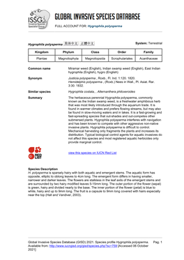 Hygrophila Polysperma Global Invasive Species Database (GISD)