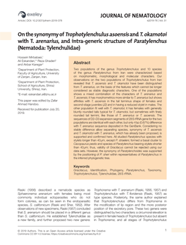 JOURNAL of NEMATOLOGY on the Synonymy of Trophotylenchulus