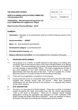 Operation of an Anemometer Mast for a Further Temporary Period of One Year at Land 1500 M West of Craiggiemore, Rogart by Wind P