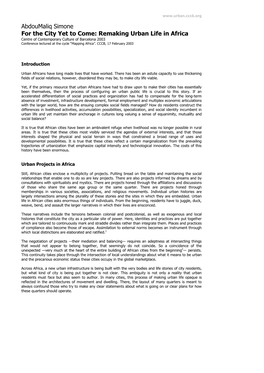 Remaking Urban Life in Africa Centre of Contemporary Culture of Barcelona 2003 Conference Lectured at the Cycle “Mapping Africa”