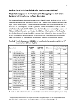 Ausbau Der A30 in Osnabrück Oder Neubau Der A33 Nord? Mögliche Konsequenzen Der Verkehrsverflechtungsprognose 2030 Für Die Bundesfernstraßenplanung Im Raum Osnabrück