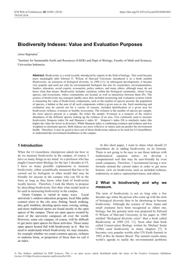 Biodiversity Indexes: Value and Evaluation Purposes