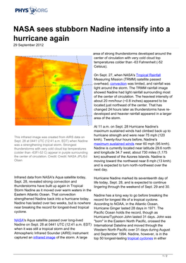 NASA Sees Stubborn Nadine Intensify Into a Hurricane Again 29 September 2012