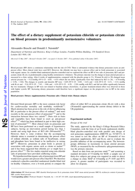 The Effect of a Dietary Supplement of Potassium Chloride Or Potassium Citrate