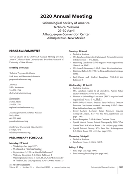 2020 Annual Meeting Seismological Society of America Technical Sessions 27–30 April Albuquerque Convention Center Albuquerque, New Mexico