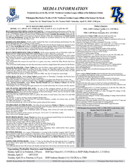 MEDIA INFORMATION Frederick Keys (6-10, 5Th, 3.0 GB / Northern) Carolina League Affiliate of the Baltimore Orioles Vs