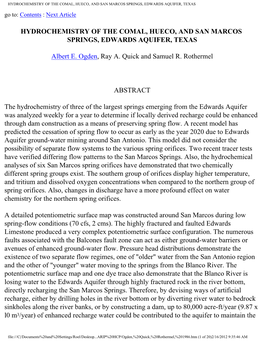 HYDROCHEMISTRY of the COMAL, HUECO, and SAN MARCOS SPRINGS, EDWARDS AQUIFER, TEXAS Go To: Contents : Next Article