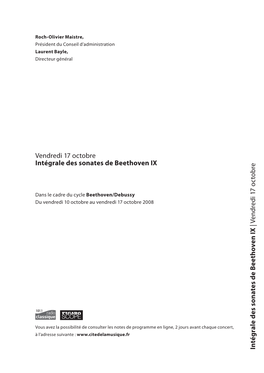 Vendredi 17 Octobre Intégrale Des Sonates De Beethoven IX in Té G Ra