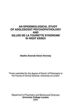 An Epidemiological Study of Adolescent Psychopathology and Gilles De La Tourette Syndrome in West Essex