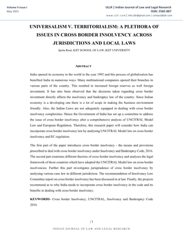 Universalism V. Territorialism: a Plethora of Issues in Cross Border Insolvency Across Jurisdictions and Local Laws| Ijllr