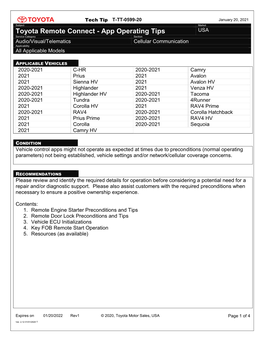 Toyota Remote Connect - App Operating Tips USA Service Category Section Audio/Visual/Telematics Cellular Communication Applicability All Applicable Models
