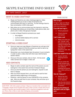 Skype/Facetime Info Sheet T4t Info Sheet, 2017