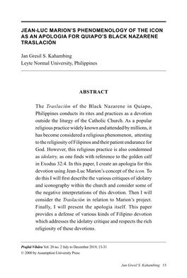 JEAN-LUC MARION's PHENOMENOLOGY of the ICON AS an APOLOGIA for QUIAPO's BLACK NAZARENE TRASLACIÓN Jan Gresil S. Kahambing L