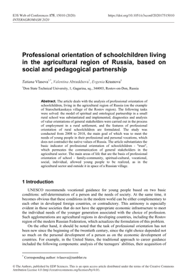 Professional Orientation of Schoolchildren Living in the Agricultural Region of Russia, Based on Social and Pedagogical Partnership