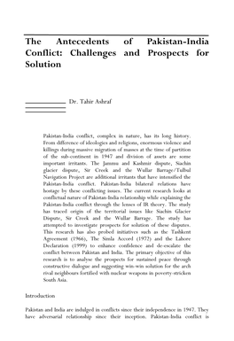 The Antecedents of Pakistan-India Conflict: Challenges and Prospects for Solution