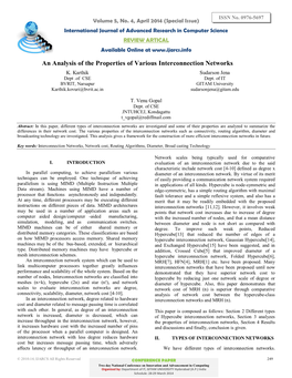 An Analysis of the Properties of Various Interconnection Networks K