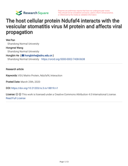 The Host Cellular Protein Ndufaf4 Interacts with the Vesicular Stomatitis Virus M Protein and Affects Viral Propagation