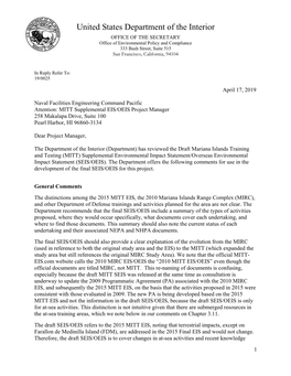 Department of the Interior OFFICE of the SECRETARY Office of Environmental Policy and Compliance 333 Bush Street, Suite 515 San Francisco, California, 94104