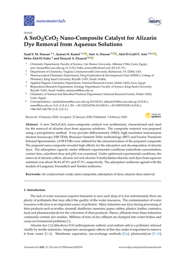 A Sno2/Ceo2 Nano-Composite Catalyst for Alizarin Dye Removal from Aqueous Solutions