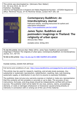 James Taylor. Buddhism and Postmodern Imaginings in Thailand: the Religiosity of Urban Space Akincano Marc Weber Available Online: 28 May 2012