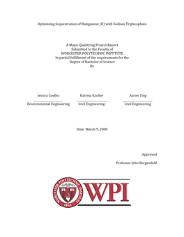 Optimizing Sequestration of Manganese (II) with Sodium Triphosphate a Major Qualifying Project Report Submitted to the Faculty O