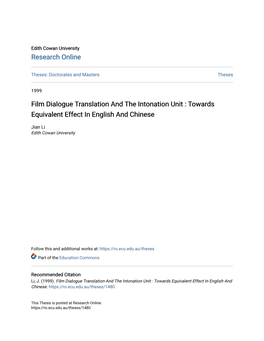 Film Dialogue Translation and the Intonation Unit : Towards Equivalent Effect in English and Chinese