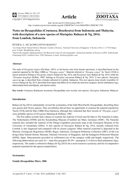 Notes on Hexapodidae (Crustacea, Brachyura) from Indonesia and Malaysia, with Description of a New Species of Mariaplax Rahayu & Ng, 2014, from Lombok, Indonesia