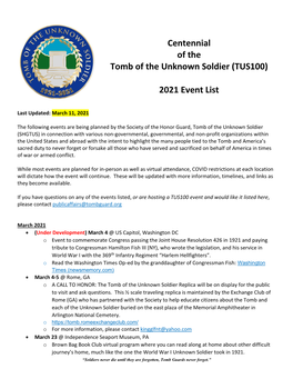 Centennial of the Tomb of the Unknown Soldier (TUS100) 2021 Event List