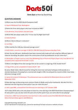 Darts Quiz Written by David King QUESTION ANSWERS