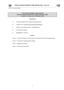 CDM – Executive Board CLEAN DEVELOPMENT MECHANISM PROJECT DESIGN DOCUMENT FORM (CDM-SSC-PDD) Version 03
