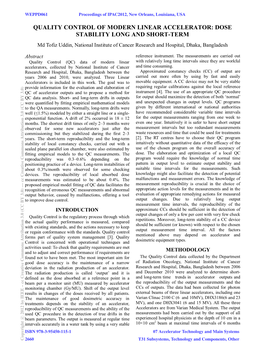 QUALITY CONTROL of MODERN LINEAR ACCELERATOR: DOSE STABILITY LONG and SHORT-TERM Md Tofiz Uddin, National Institute of Cancer Research and Hospital, Dhaka, Bangladesh