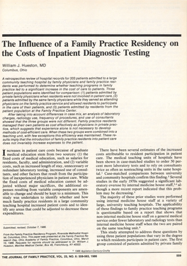 The Influence of a Family Practice Residency on the Costs of Inpatient Diagnostic Testing