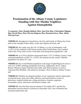 Proclamation of the Albany County Legislature Standing with Our Muslim Neighbors Against Islamophobia