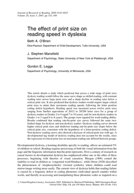 The Effect of Print Size on Reading Speed in Dyslexia Beth A