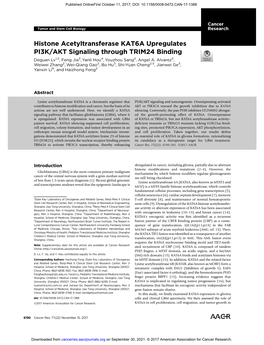 Histone Acetyltransferase KAT6A Upregulates PI3K/AKT Signaling Through TRIM24 Binding Deguan Lv1,2, Feng Jia3, Yanli Hou4, Youzhou Sang2, Angel A