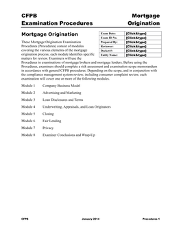 CFPB Mortgage Examination Procedures Origination