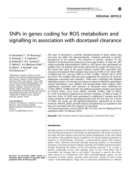 Snps in Genes Coding for ROS Metabolism and Signalling in Association with Docetaxel Clearance