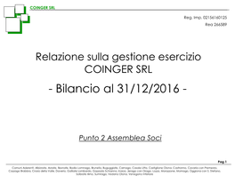 Relazione Sulla Gestione Esercizio COINGER SRL - Bilancio Al 31/12/2016