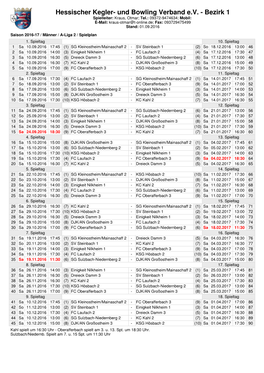 Bezirk 1 Spielleiter: Kraus, Otmar; Tel.: 09372-9474634; Mobil: E-Mail: Kraus-Otmar@T-Online.De; Fax: 093729475499 Stand: 01.09.2016