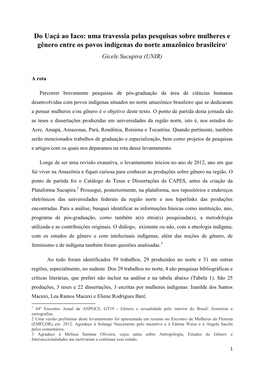 Uma Travessia Pelas Pesquisas Sobre Mulheres E Gênero Entre Os Povos Indígenas Do Norte Amazônico Brasileiro1 Gicele Sucupira (UNIR)