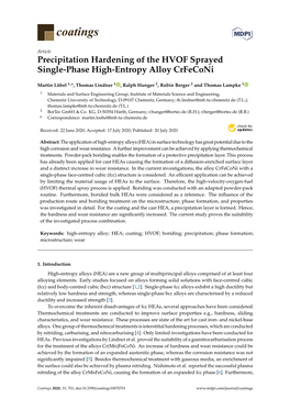 Precipitation Hardening of the HVOF Sprayed Single-Phase High-Entropy Alloy Crfeconi