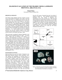 Diamond Evaluation of the Prairie Creek Lamproite Province, Arkansas, Usa