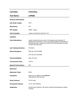 Lab Dept: Chemistry Test Name: LIPASE