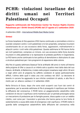 PCHR: Violazioni Israeliane Dei Diritti Umani Nei Territori Palestinesi Occupati