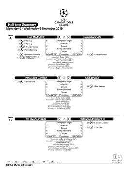 Half-Time Summary Matchday 4 - Wednesday 6 November 2019