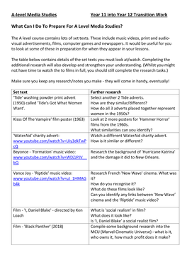 A-Level Media Studies Year 11 Into Year 12 Transition Work What Can I