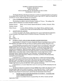 Vi. I. Warren Consolidated Schools Warren, Michigan Minutes of the Regular Meeting of the Board of Education Wednesday